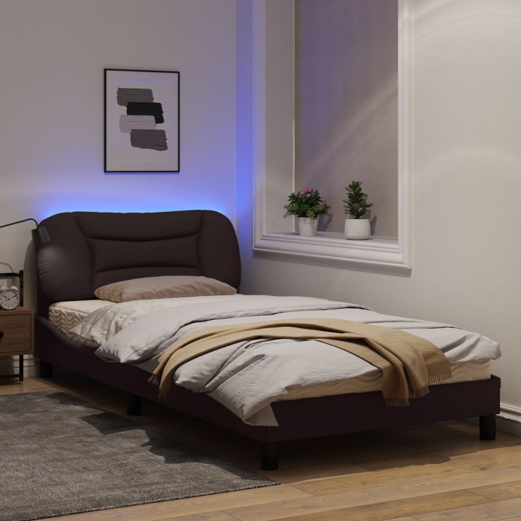 Estrutura de cama c/ luzes LED 100x200cm tecido castanho-escuro