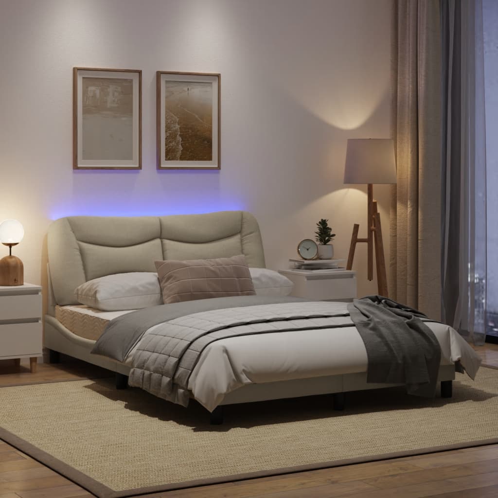 Estrutura de cama c/ luzes LED 140x190 cm tecido creme