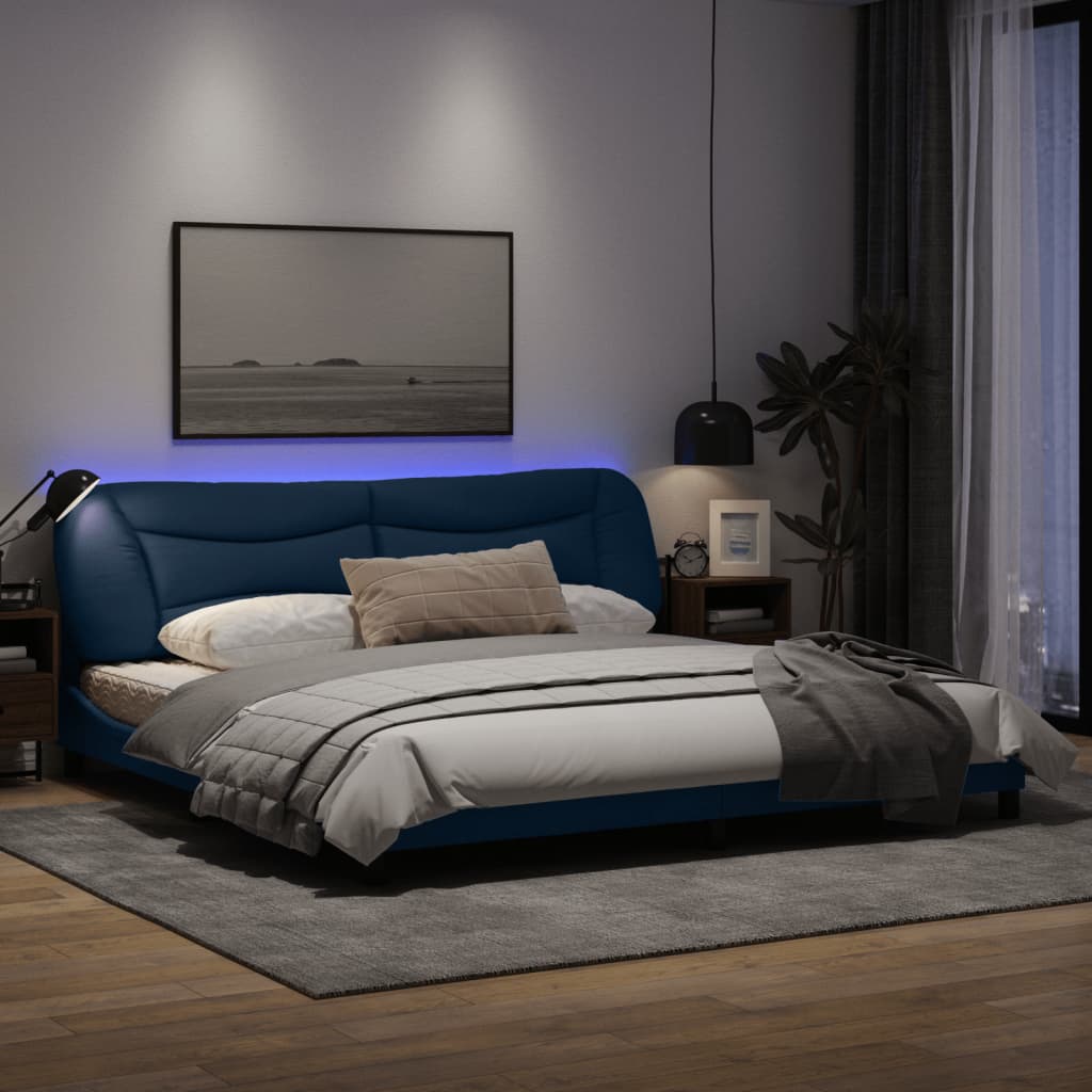 Estrutura de cama c/ luzes LED 200x200 cm tecido azul