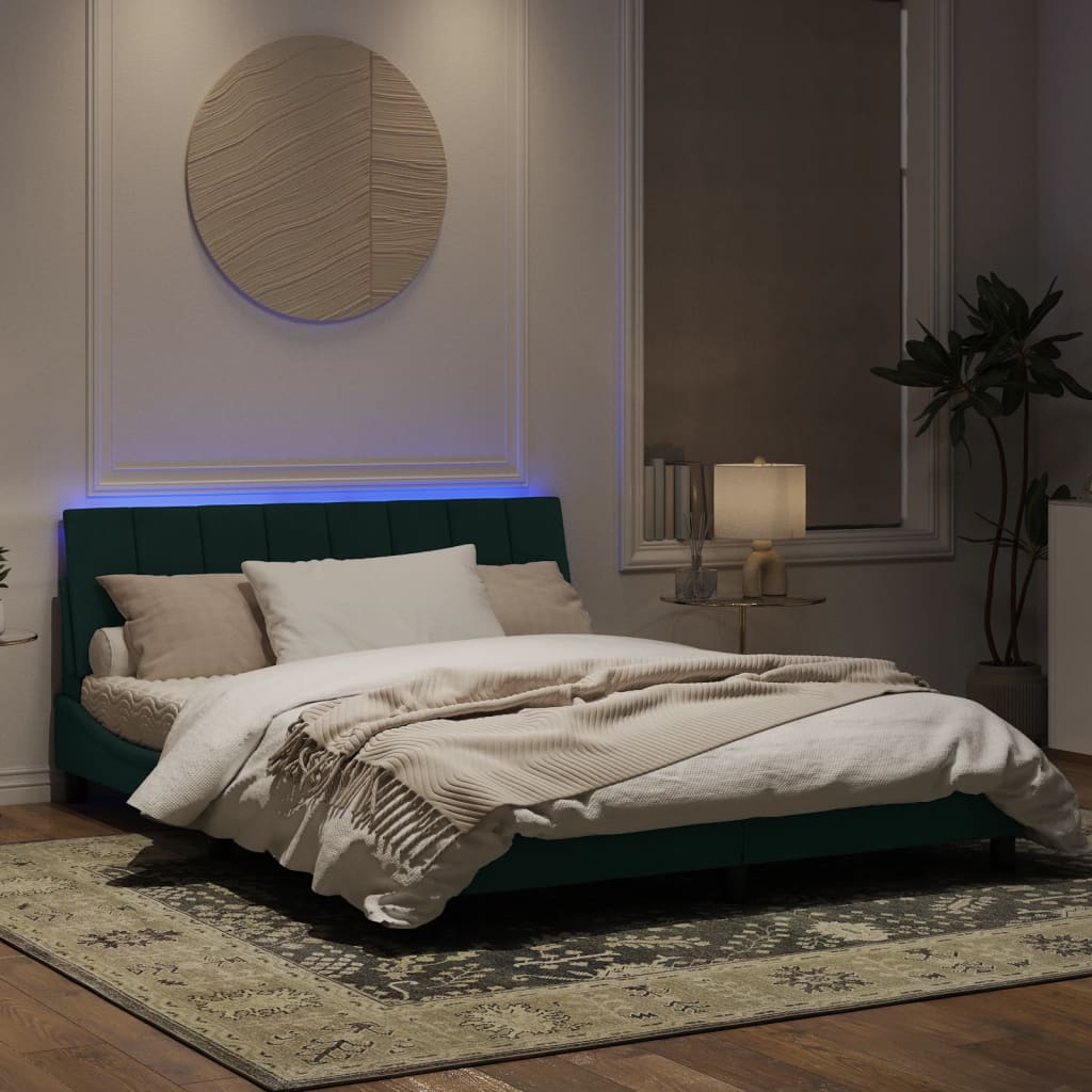 Estrutura de cama c/ luzes LED 160x200 cm veludo verde-escuro