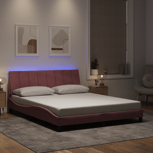 Estrutura de cama c/ luzes LED 160x200 cm veludo rosa