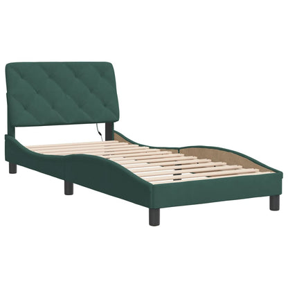 Estrutura de cama c/ luzes LED 90x190 cm veludo verde-escuro