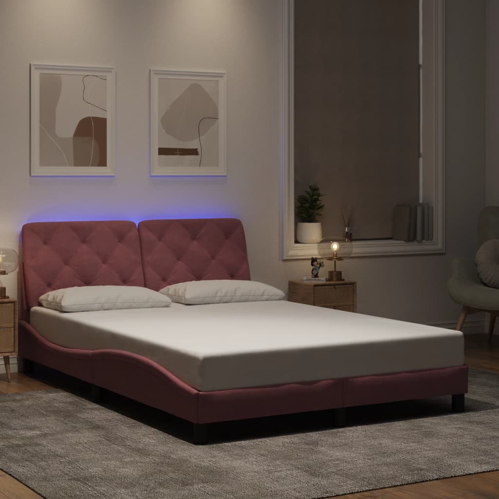 Estrutura de cama c/ luzes LED 140x190 cm veludo rosa