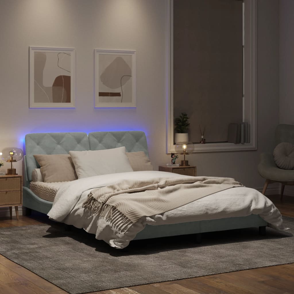 Estrutura de cama c/ luzes LED 160x200 cm veludo cinzento-claro