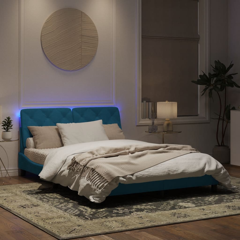 Estrutura de cama c/ luzes LED 160x200 cm veludo azul