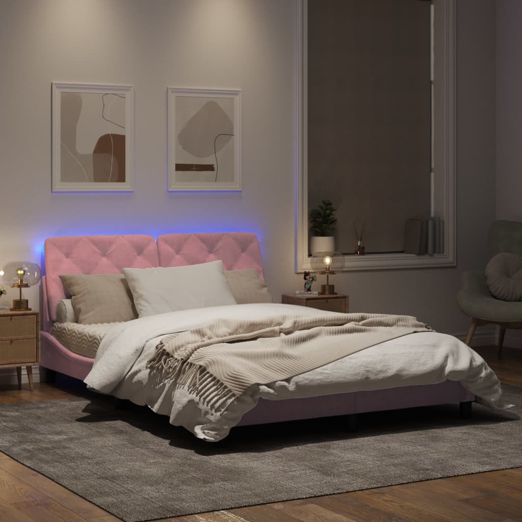 Estrutura de cama c/ luzes LED 160x200 cm veludo rosa