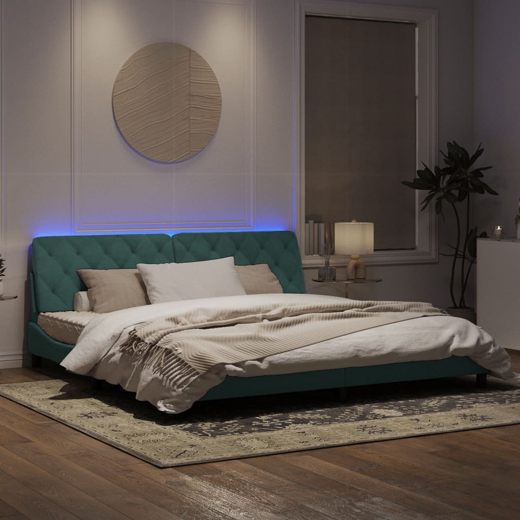 Estrutura de cama c/ luzes LED 200x200 cm veludo verde-escuro