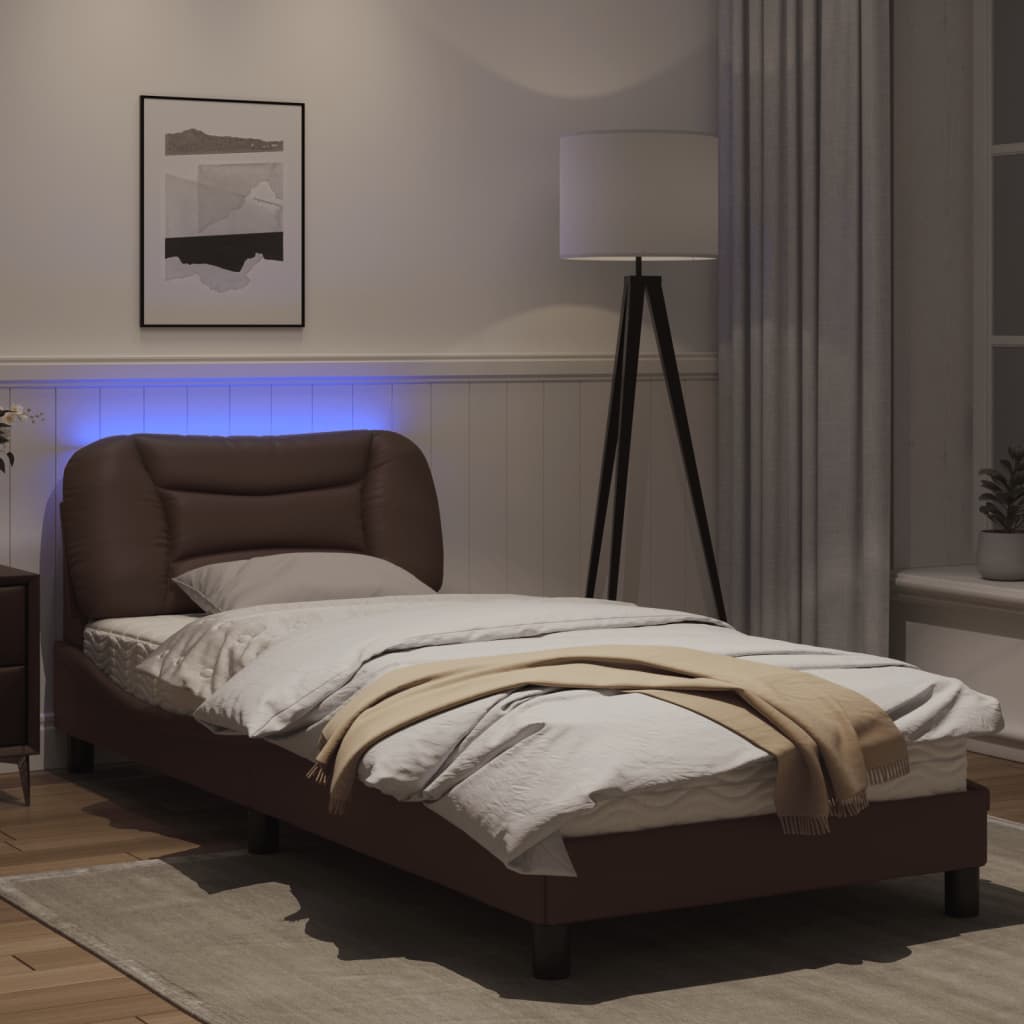 Estrutura cama c/ luzes LED 80x200 cm couro artificial castanho