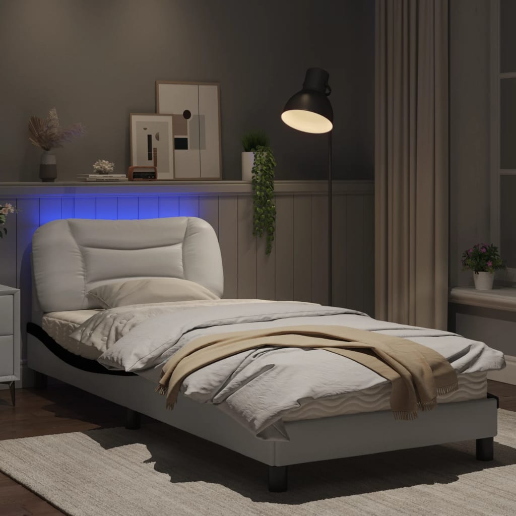 Estrutura cama c/ luzes LED 80x200 cm couro artif. branco/preto