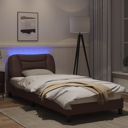 Estrutura cama c/ luzes LED 90x190 cm couro artificial castanho