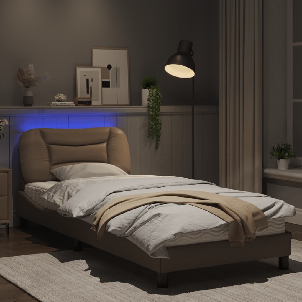 Estrutura cama c/ luzes LED 90x190 cm couro artif. cappuccino