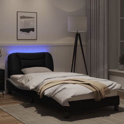 Estrutura cama c/ luzes LED 90x200 cm couro artif. preto/branco