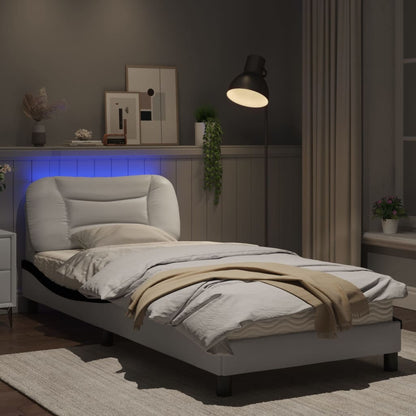 Estrutura cama c/ luzes LED 90x200cm couro artif. branco/preto