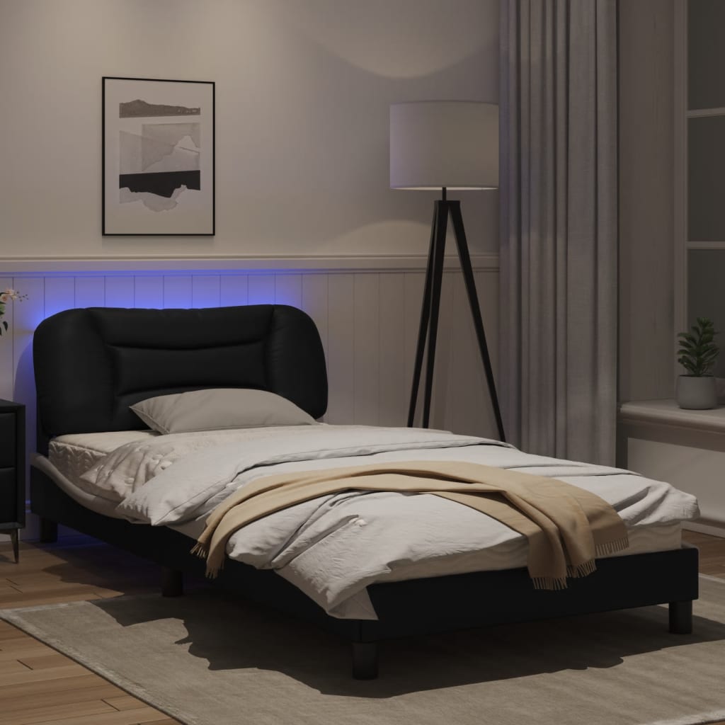 Estrutura cama c/ luzes LED 100x200cm couro artif. preto/branco