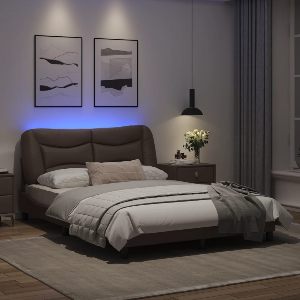 Estrutura cama c/ luzes LED 120x200cm couro artificial castanho