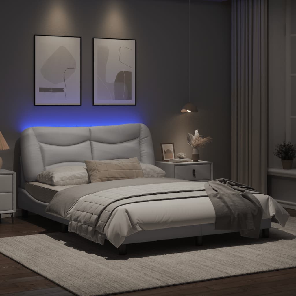 Estrutura cama c/ luzes LED 140x190 cm couro artificial branco