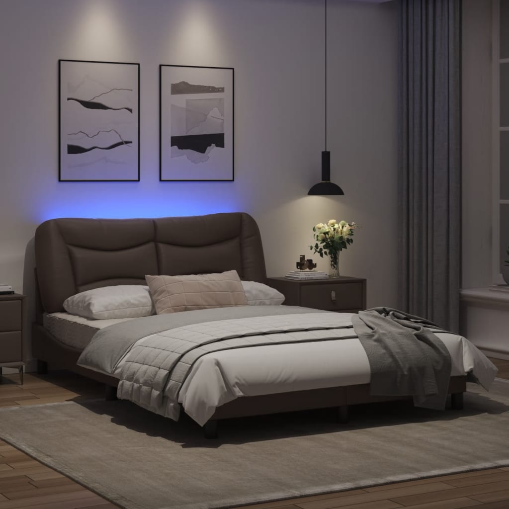 Estrutura cama c/ luzes LED 140x190cm couro artificial castanho