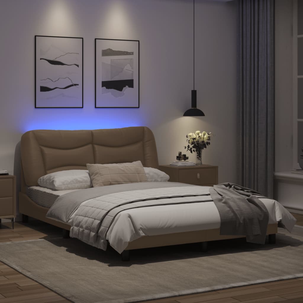 Estrutura cama c/ luzes LED 140x190 cm couro artif. cappuccino