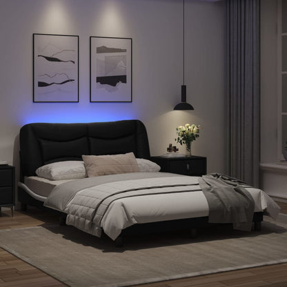 Estrutura cama c/ luzes LED 140x190cm couro artif. preto/branco