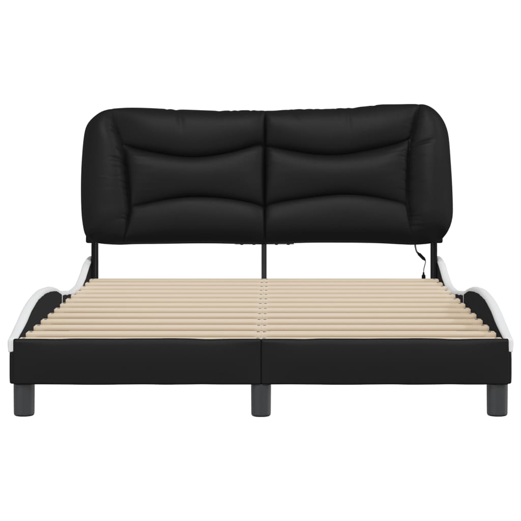 Estrutura cama c/ luzes LED 140x190cm couro artif. preto/branco