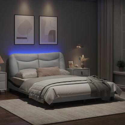 Estrutura cama c/ luzes LED 140x190cm couro artif. branco/preto