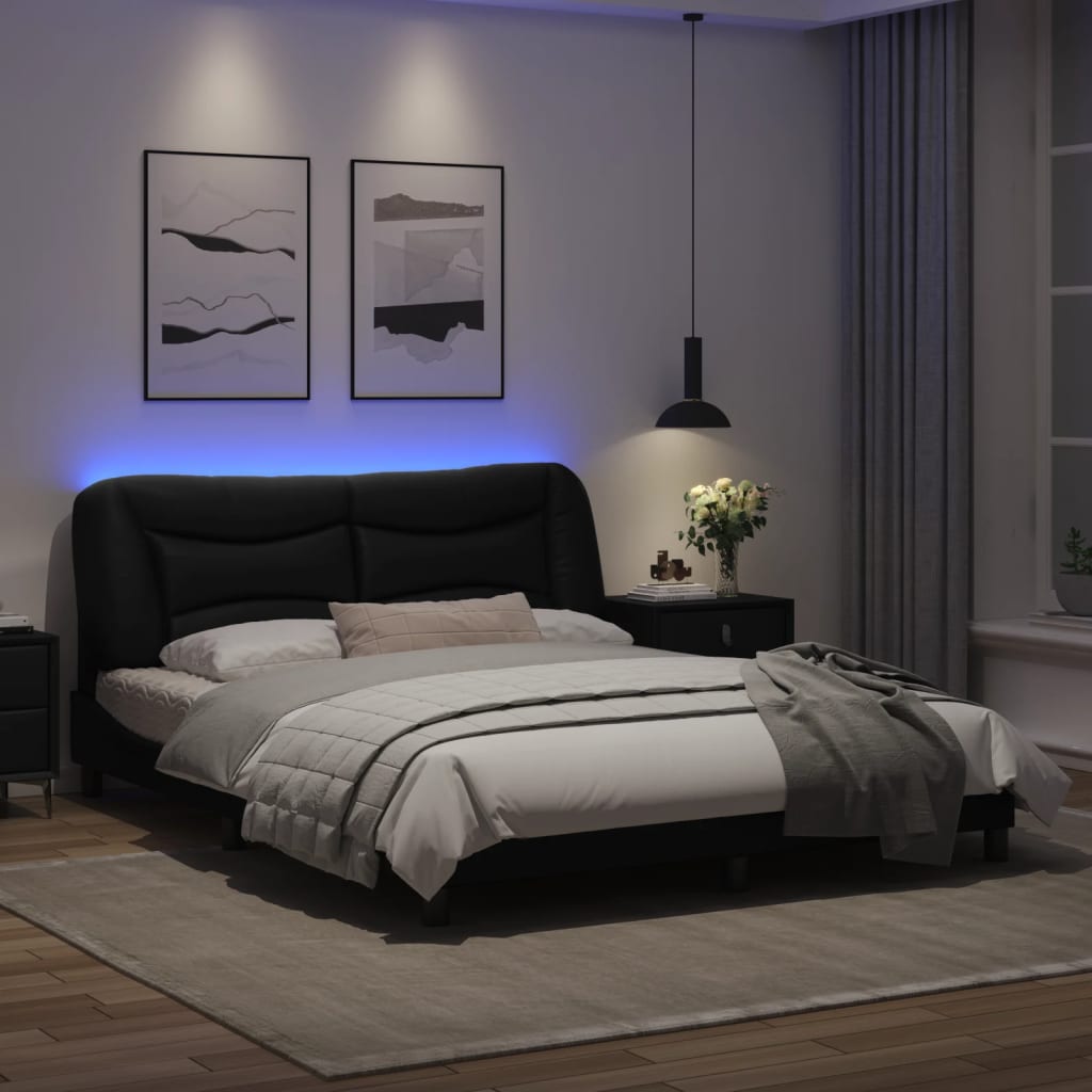 Estrutura de cama c/ luzes LED 160x200cm couro artificial preto