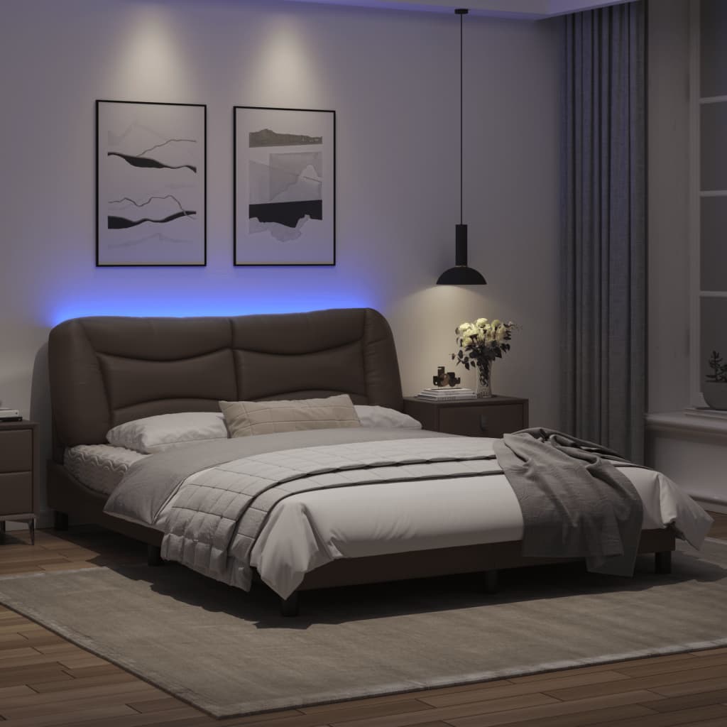 Estrutura cama c/ luzes LED 160x200cm couro artificial castanho