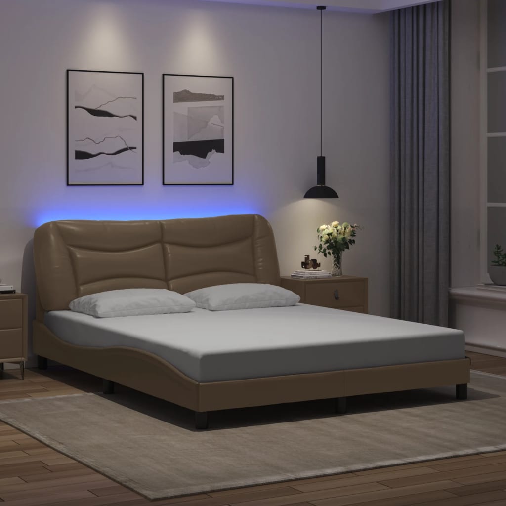 Estrutura cama c/ luzes LED 160x200 couro artificial cappuccino