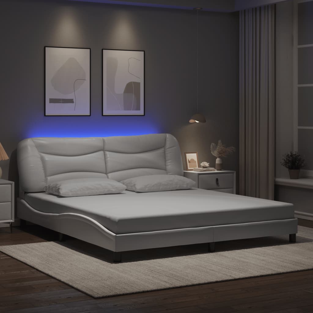 Estrutura cama c/ luzes LED 180x200 cm couro artificial branco