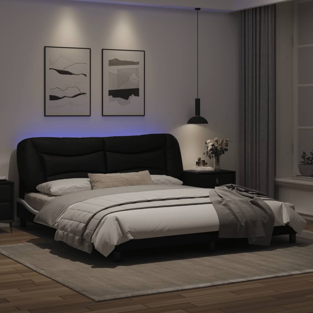 Estrutura cama c/ luzes LED 180x200cm couro artif. preto/branco