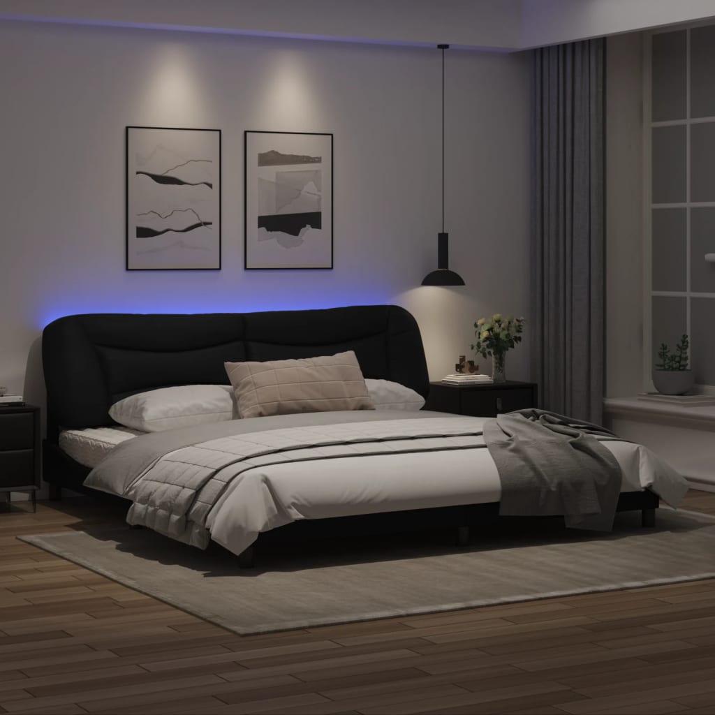 Estrutura de cama c/ luzes LED 200x200cm couro artificial preto