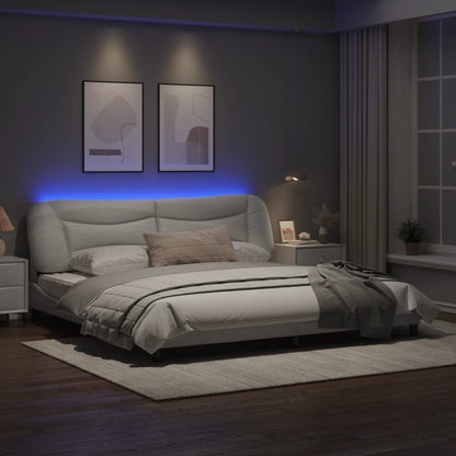 Estrutura cama c/ luzes LED 200x200 cm couro artificial branco