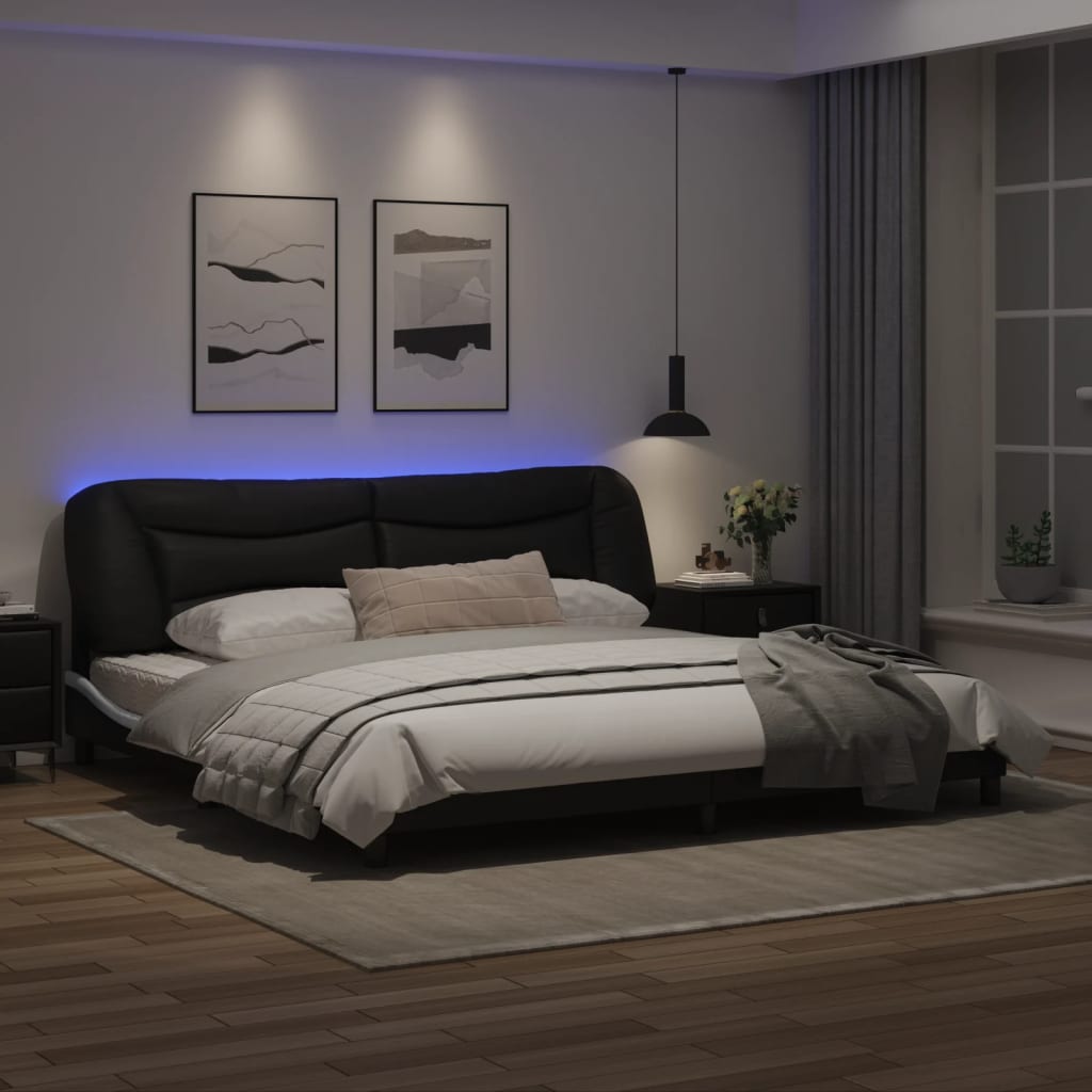 Estrutura cama c/ luz LED 200x200 cm couro artif. preto/branco