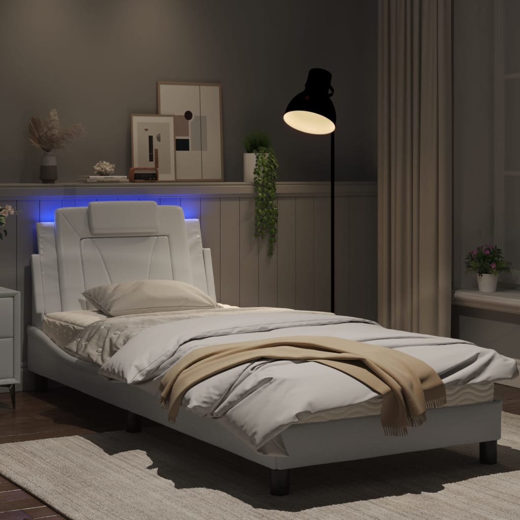 Estrutura de cama c/ luzes LED 80x200cm couro artificial branco