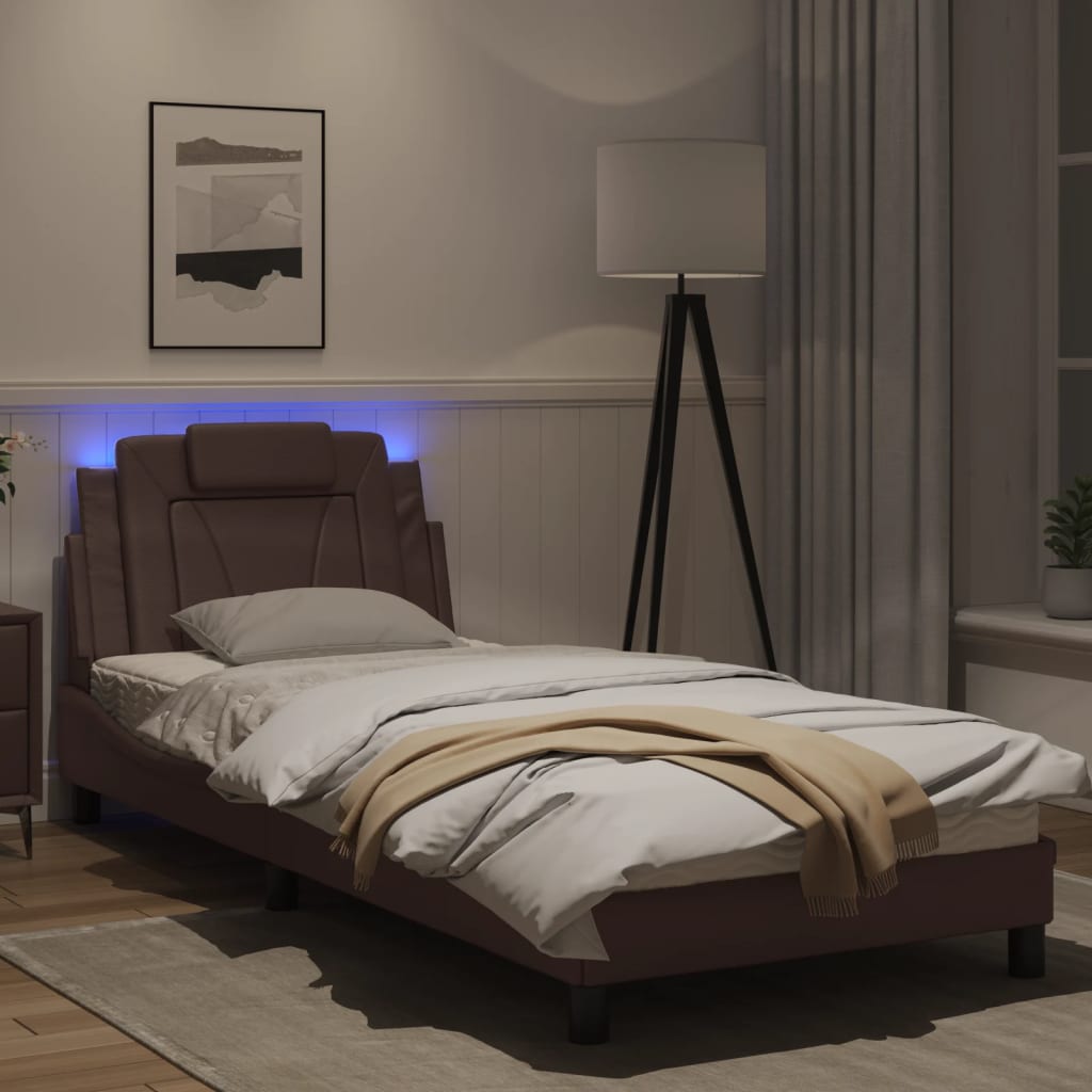 Estrutura cama c/ luzes LED 90x190 cm couro artificial castanho