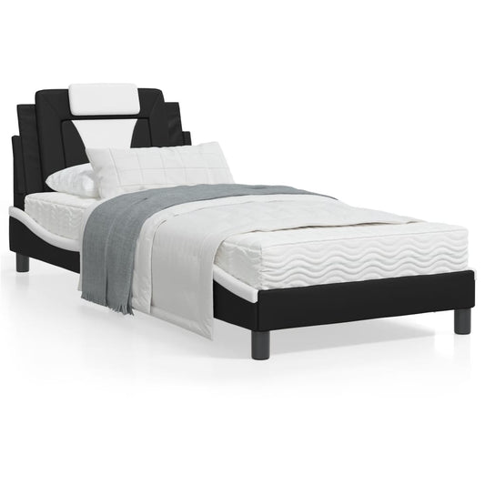 Estrutura cama c/ luzes LED 90x190 cm couro artif. preto/branco