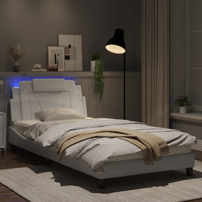 Estrutura cama c/ luzes LED 100x200 cm couro artificial branco