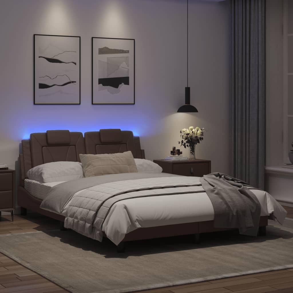 Estrutura cama c/ luzes LED 120x200cm couro artificial castanho