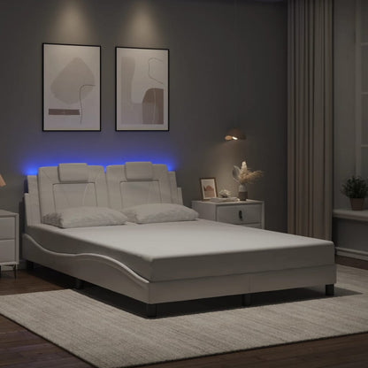 Estrutura cama c/ luzes LED 140x190 cm couro artificial branco