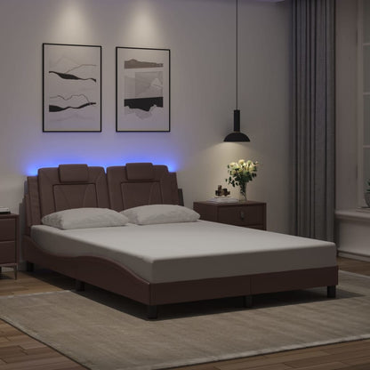 Estrutura cama c/ luzes LED 140x190cm couro artificial castanho