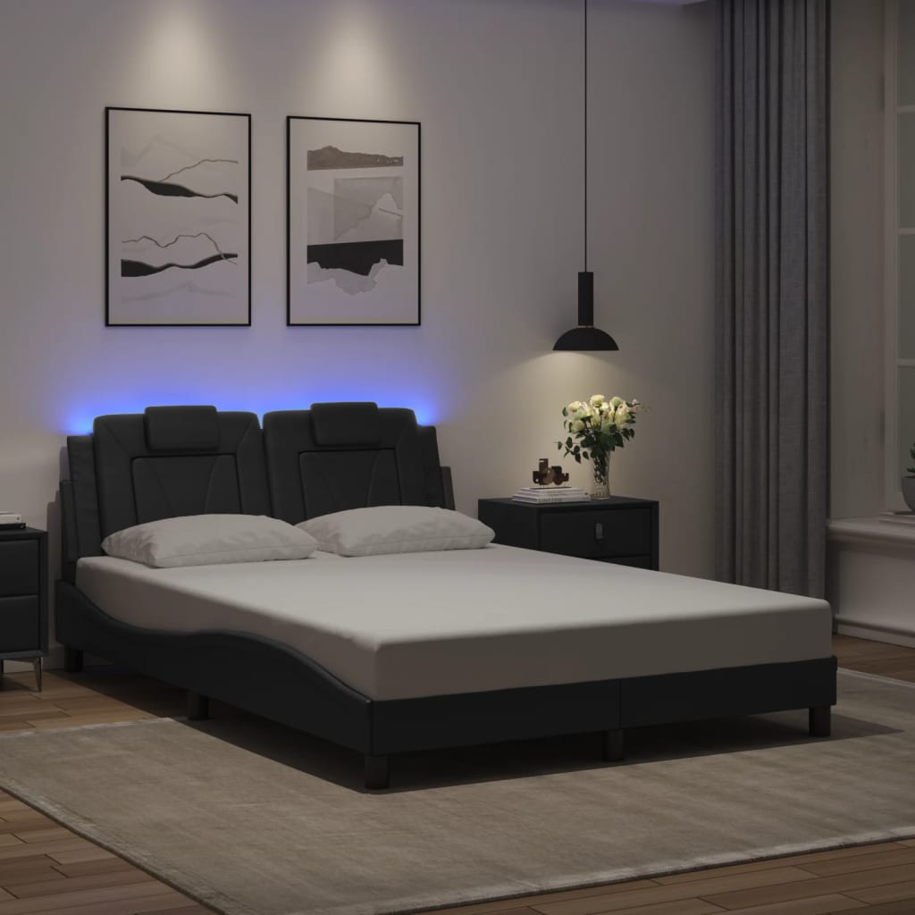 Estrutura cama c/ luzes LED 140x190 cm couro artificial cinza