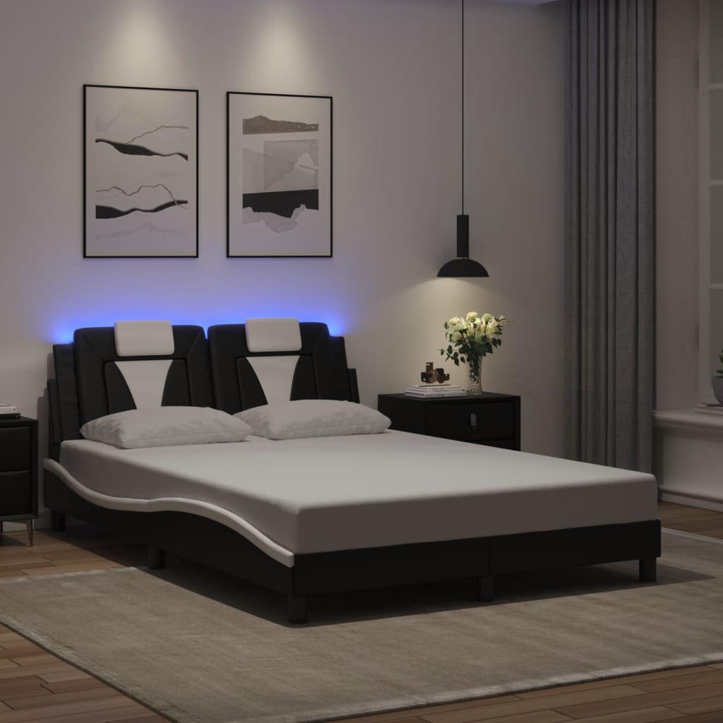 Estrutura cama c/ luzes LED 140x200cm couro artif. preto/branco