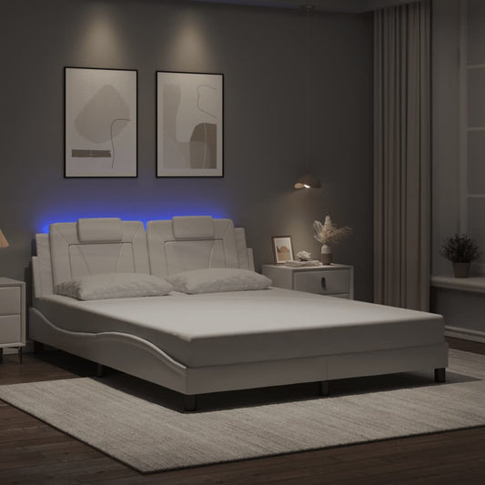 Estrutura de cama c/ luzes LED 160x200 cm couro artif. branco