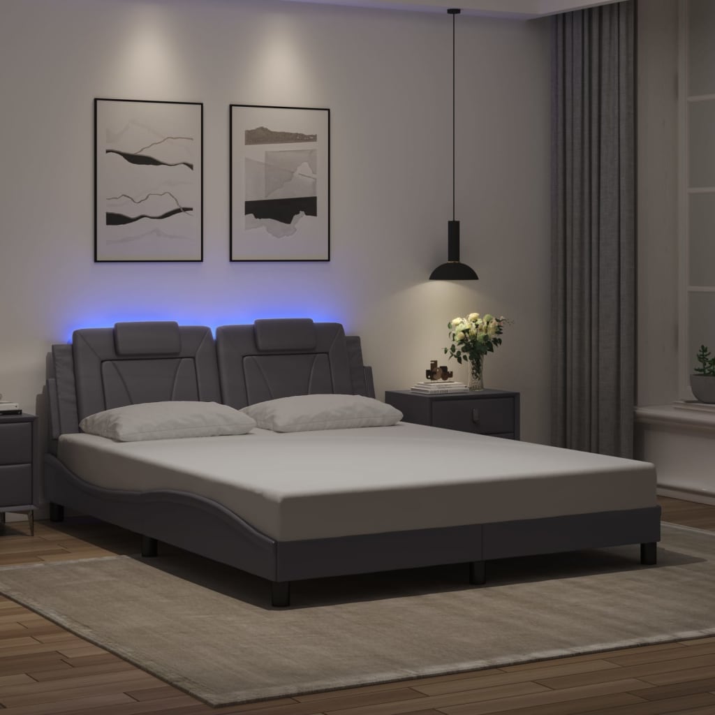 Estrutura de cama c/ luzes LED 160x200cm couro artificial cinza