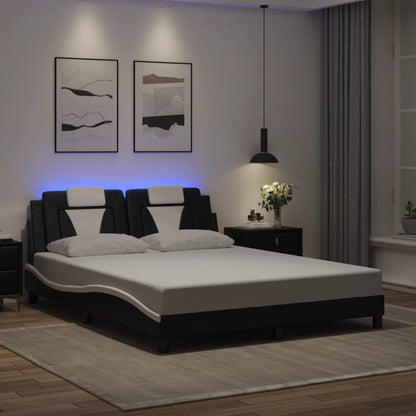 Estrutura cama c/ luzes LED 160x200cm couro artif. preto/branco