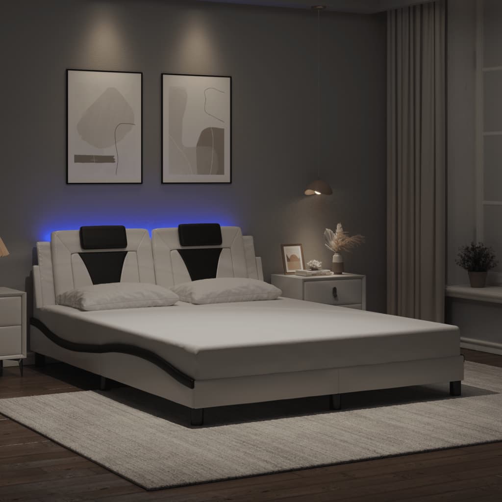 Estrutura cama c/ luzes LED 160x200cm couro artif. branco/preto