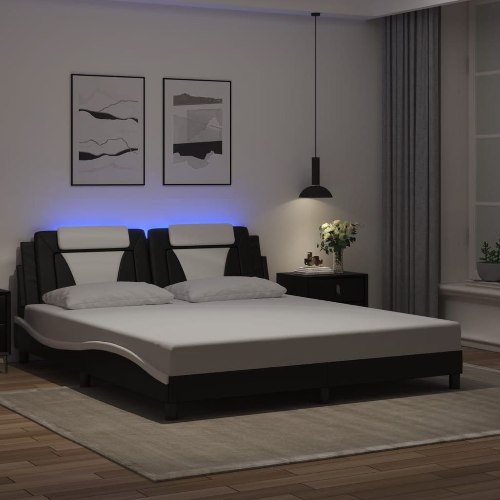 Estrutura cama c/ luzes LED 180x200cm couro artif. preto/branco