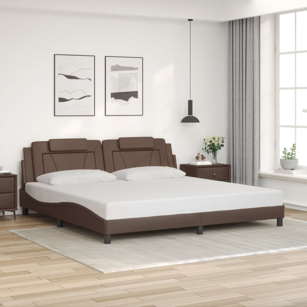 Estrutura cama c/ luz LED 200x200 cm couro artificial castanho