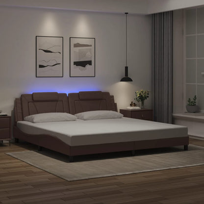 Estrutura cama c/ luz LED 200x200 cm couro artificial castanho