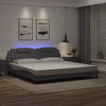 Estrutura cama c/ luzes LED 200x200cm couro artificial cinzento